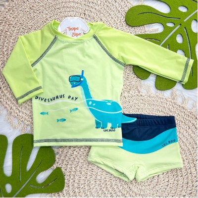 Linha Praia Blusa M/L e Sunga Divesaurus Day - Verde Cítrico